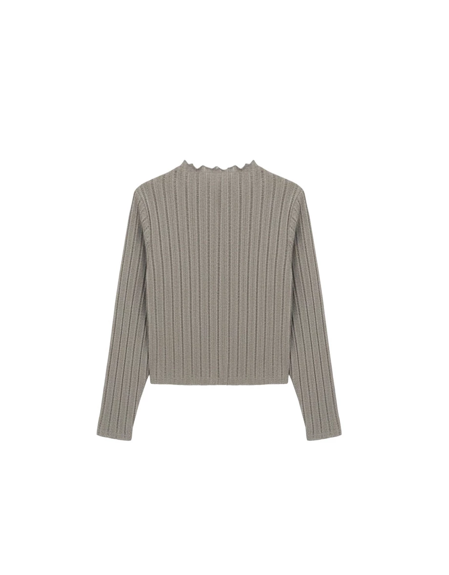Turtleneck  Sheer Openwork Stripe Long Sleeve Cropped Knit Top