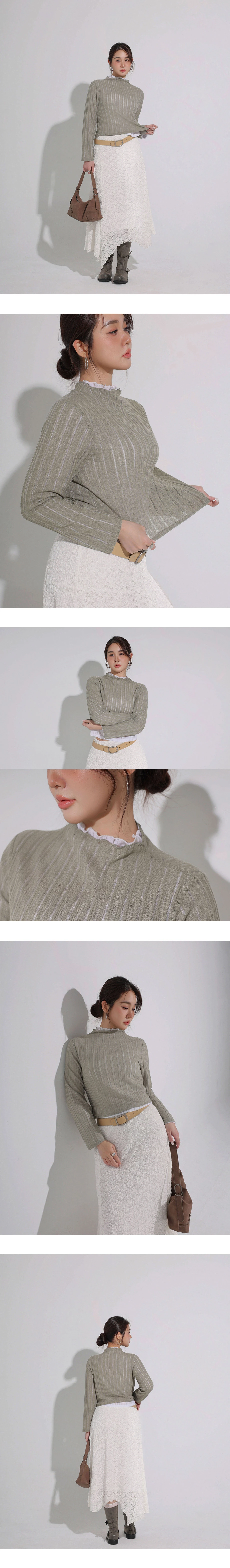 Turtleneck  Sheer Openwork Stripe Long Sleeve Cropped Knit Top