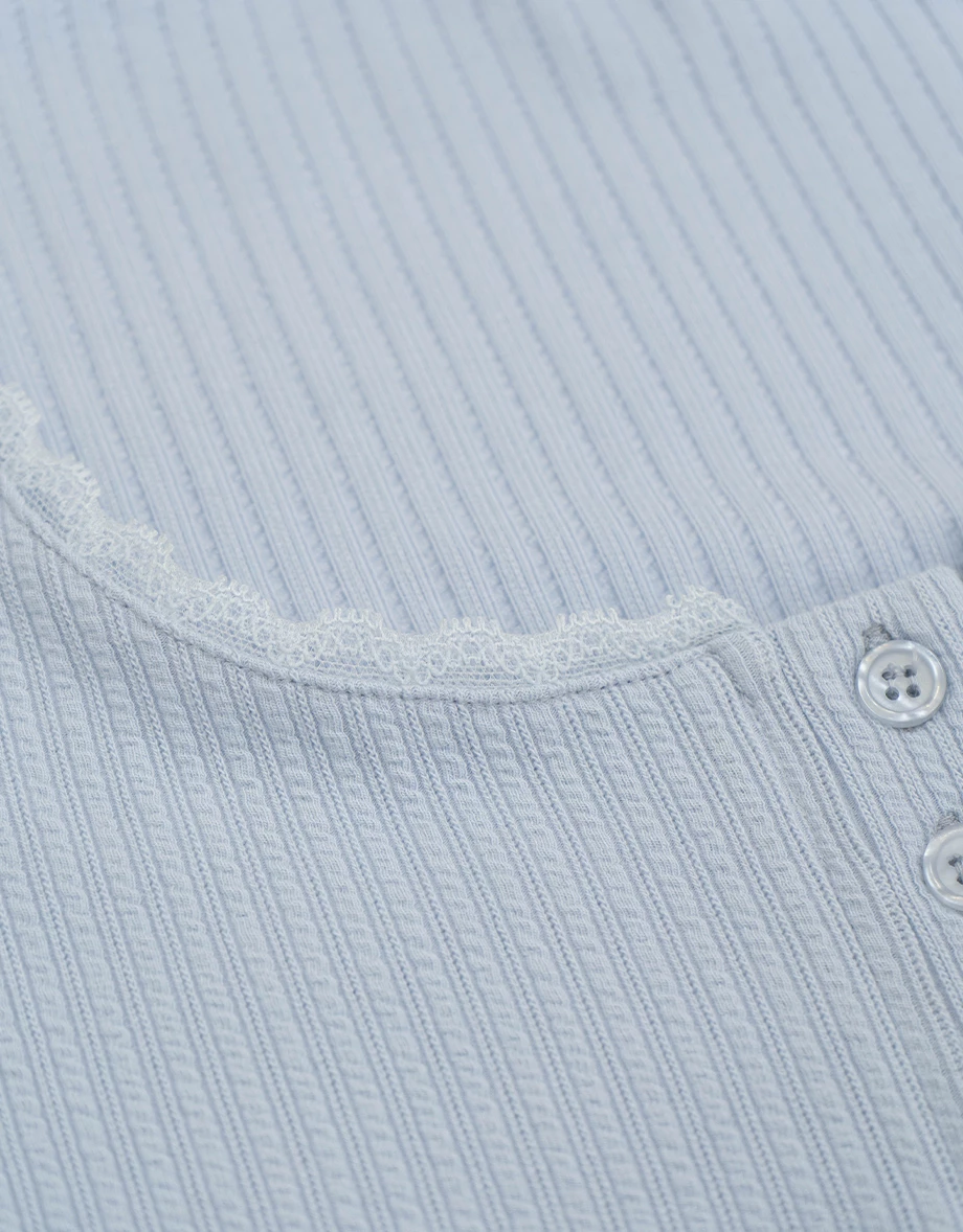 Lace Trimmed U Neck Buttoned Ribbed Knit Top