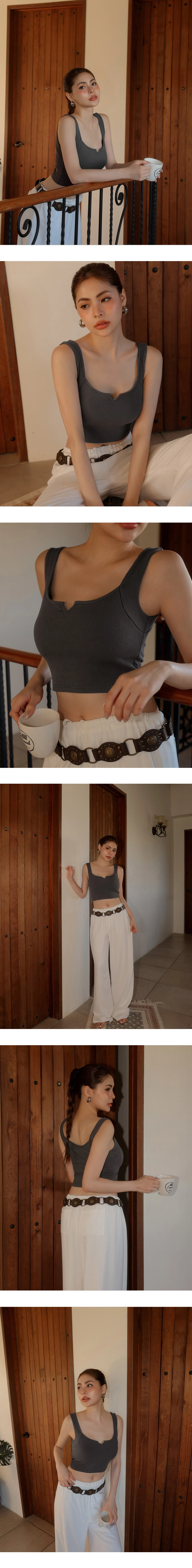 Front V Notch Ribbed Knit Wide Strap Cropped Padded Bra Top