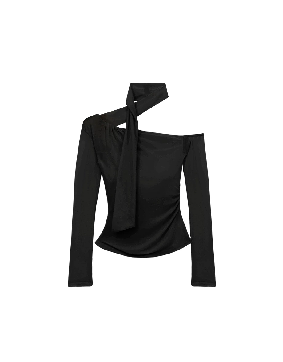 不對稱領繞頸領巾單肩挖空長袖合身上衣(附胸墊)