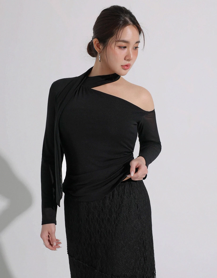 不對稱領繞頸領巾單肩挖空長袖合身上衣(附胸墊)