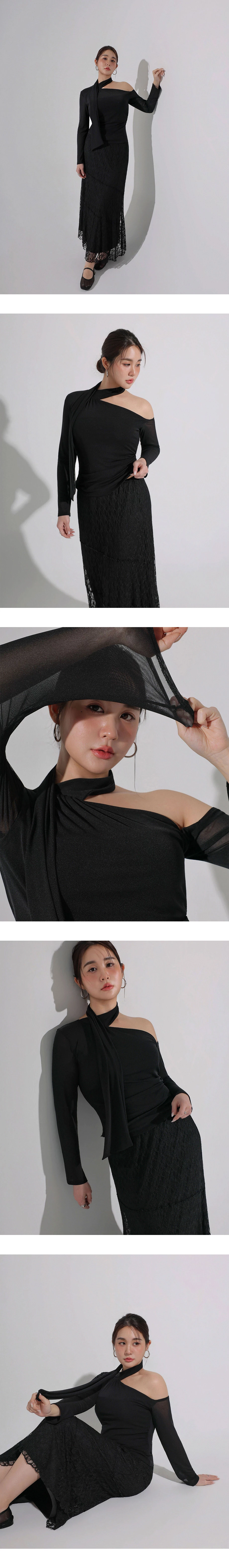 不對稱領繞頸領巾單肩挖空長袖合身上衣(附胸墊)