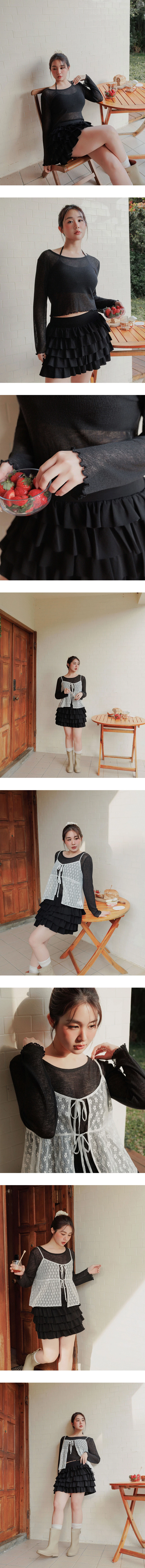 圓領長袖短版木耳邊羅紋上衣