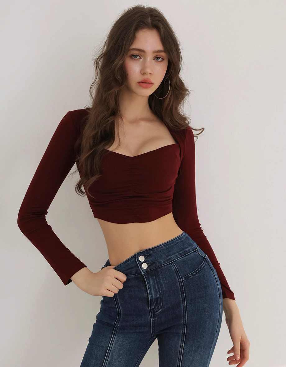 Ruched Front V Neck Cropped Long Sleeve Top