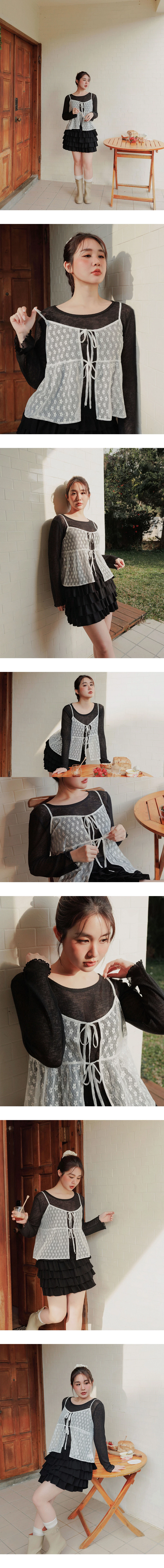 小花蕾絲綁帶開襟細肩帶傘擺背心