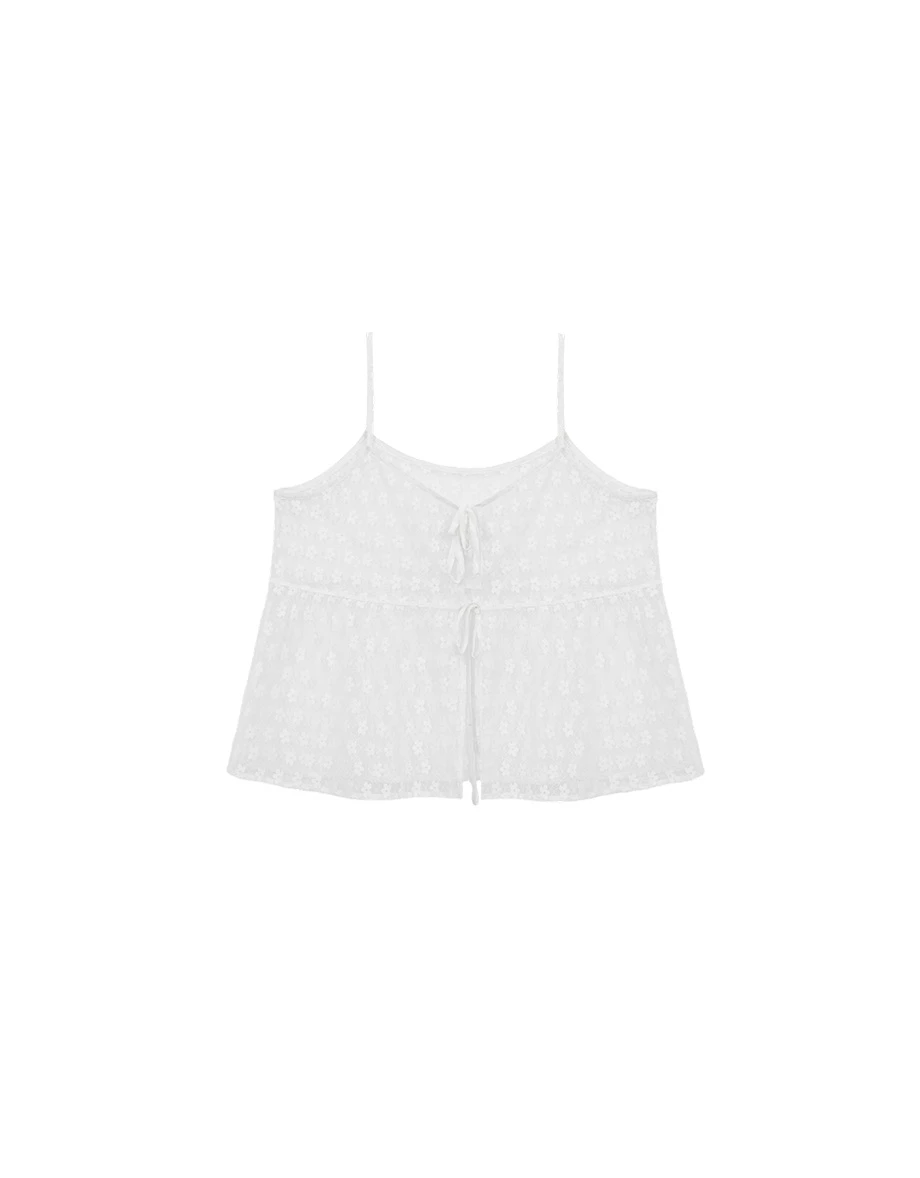 小花蕾絲綁帶開襟細肩帶傘擺背心