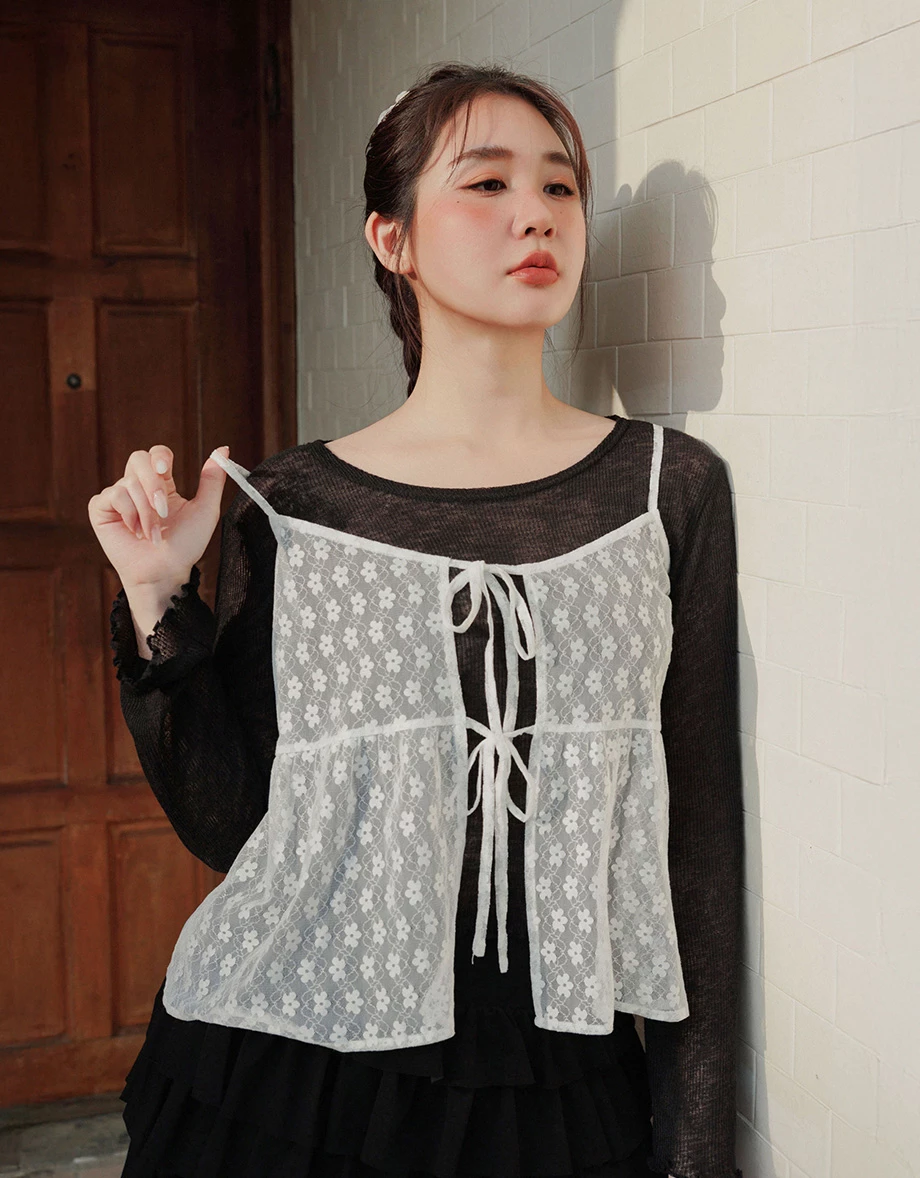 小花蕾絲綁帶開襟細肩帶傘擺背心