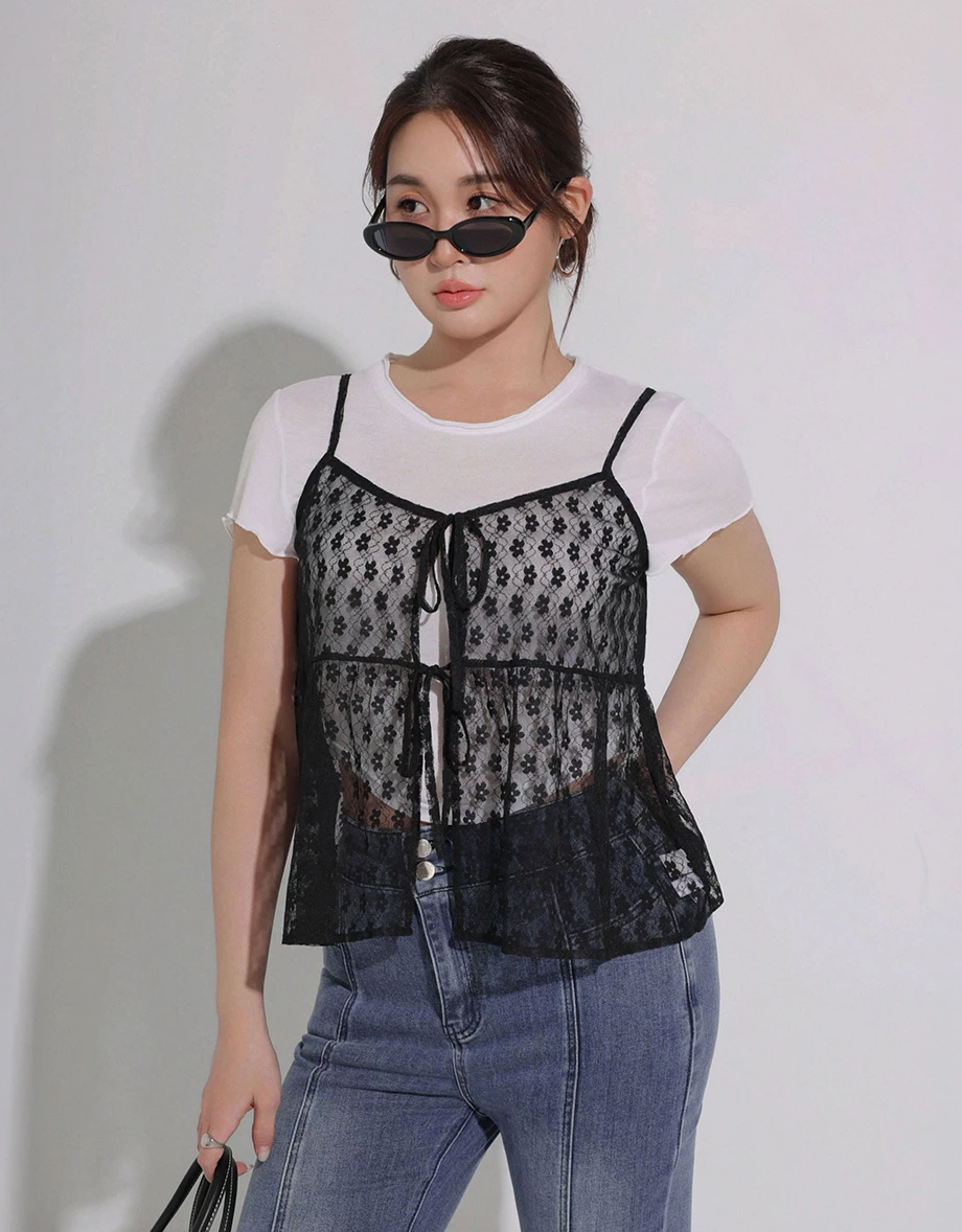 小花蕾絲綁帶開襟細肩帶傘擺背心