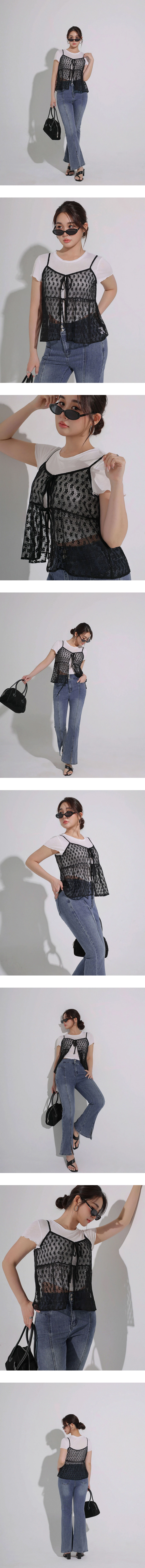 小花蕾絲綁帶開襟細肩帶傘擺背心