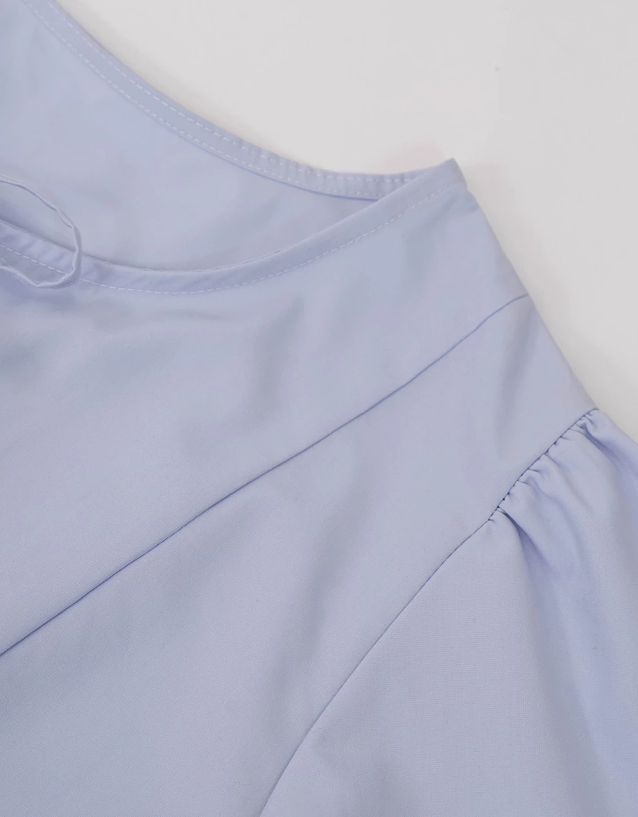 2 WAY圓領綁帶開襟澎袖荷葉拼接傘擺上衣