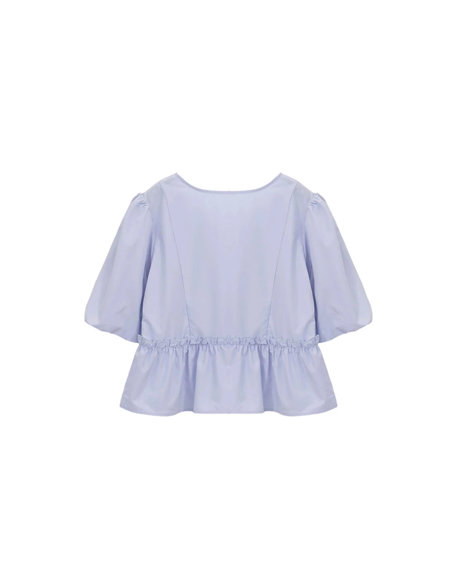 2 WAY圓領綁帶開襟澎袖荷葉拼接傘擺上衣