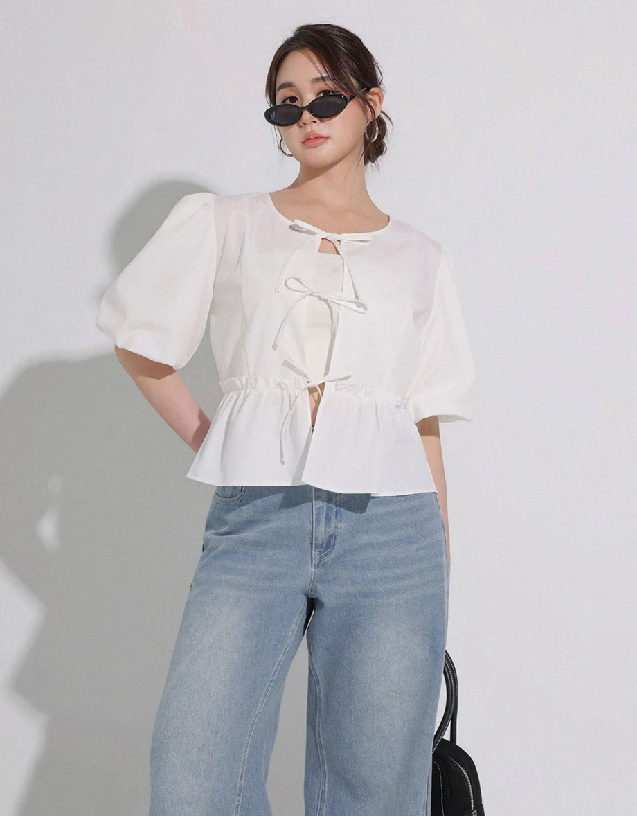 2 WAY圓領綁帶開襟澎袖荷葉拼接傘擺上衣