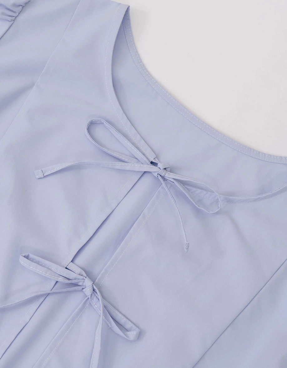 2 WAY圓領綁帶開襟澎袖荷葉拼接傘擺上衣