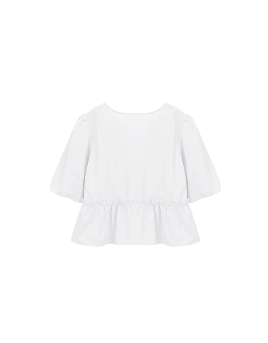 2 WAY圓領綁帶開襟澎袖荷葉拼接傘擺上衣