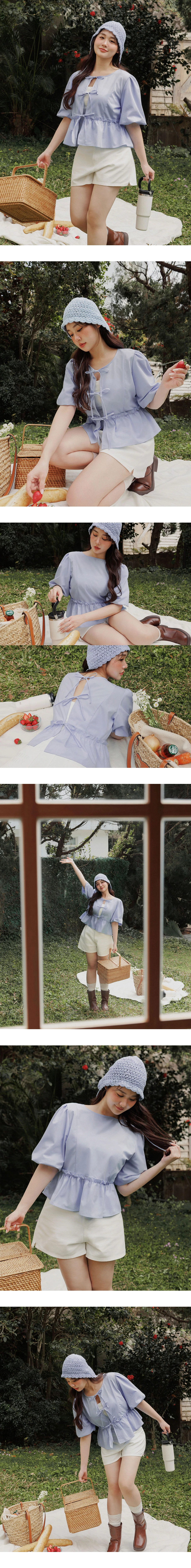 2 WAY圓領綁帶開襟澎袖荷葉拼接傘擺上衣