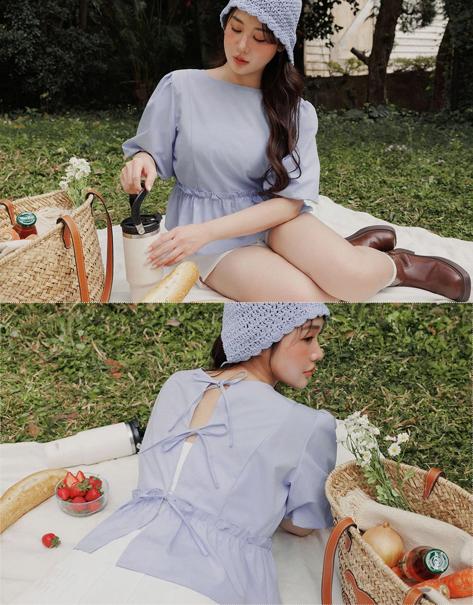 2 WAY圓領綁帶開襟澎袖荷葉拼接傘擺上衣