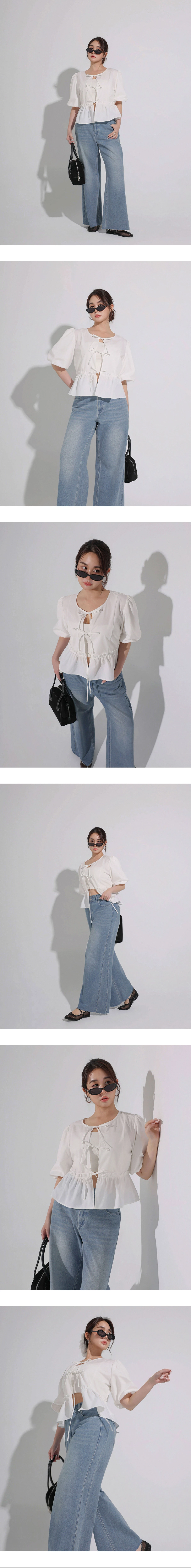 2 WAY圓領綁帶開襟澎袖荷葉拼接傘擺上衣