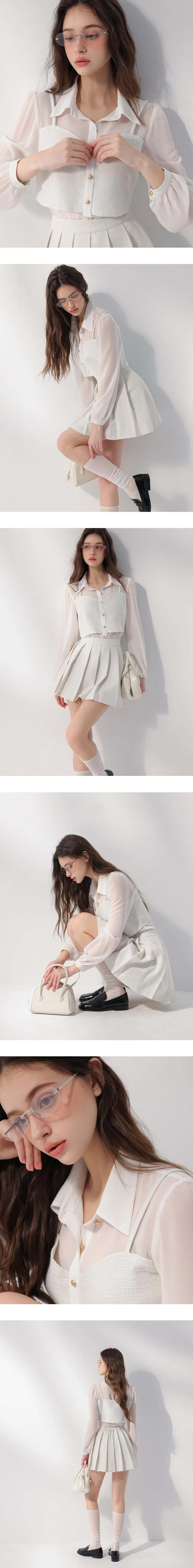 假兩件小香風桃心領金扣細肩帶背心透膚雪紡長袖襯衫