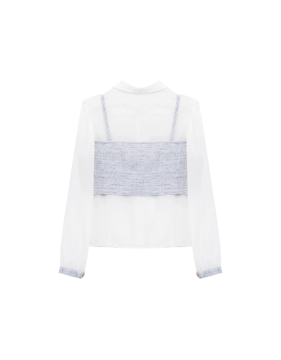 假兩件小香風桃心領金扣細肩帶背心透膚雪紡長袖襯衫