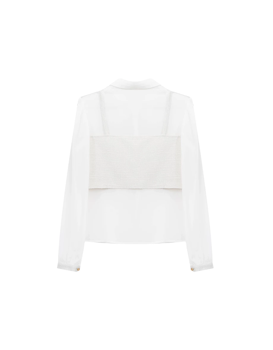 假兩件小香風桃心領金扣細肩帶背心透膚雪紡長袖襯衫