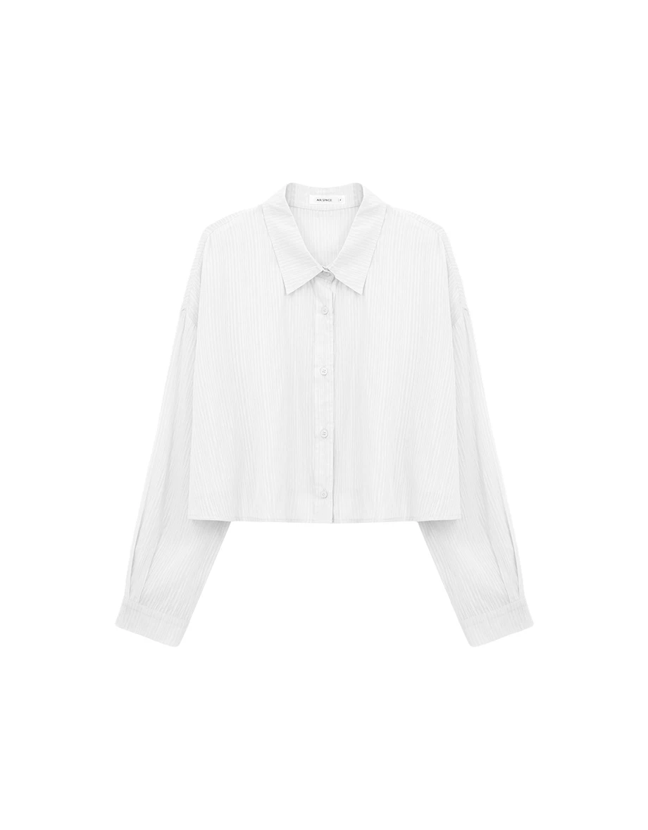 翻領長袖條紋紋理短版襯衫