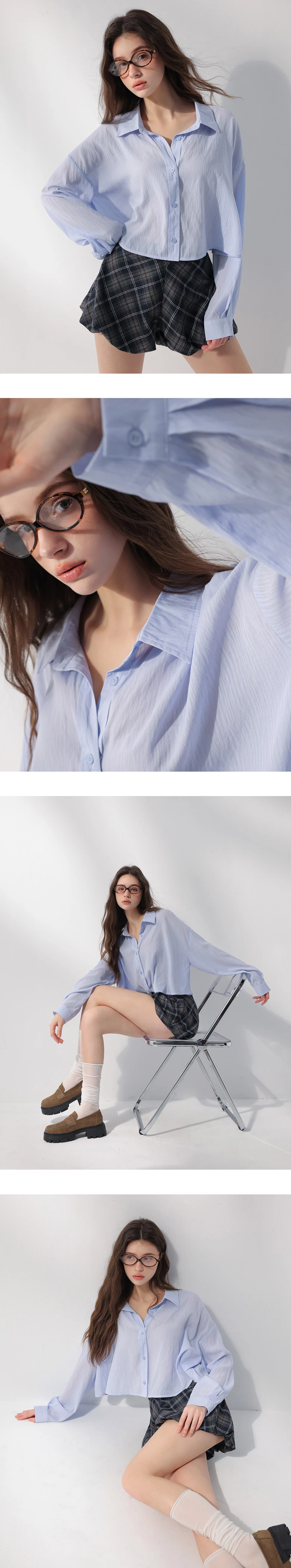 翻領長袖條紋紋理短版襯衫