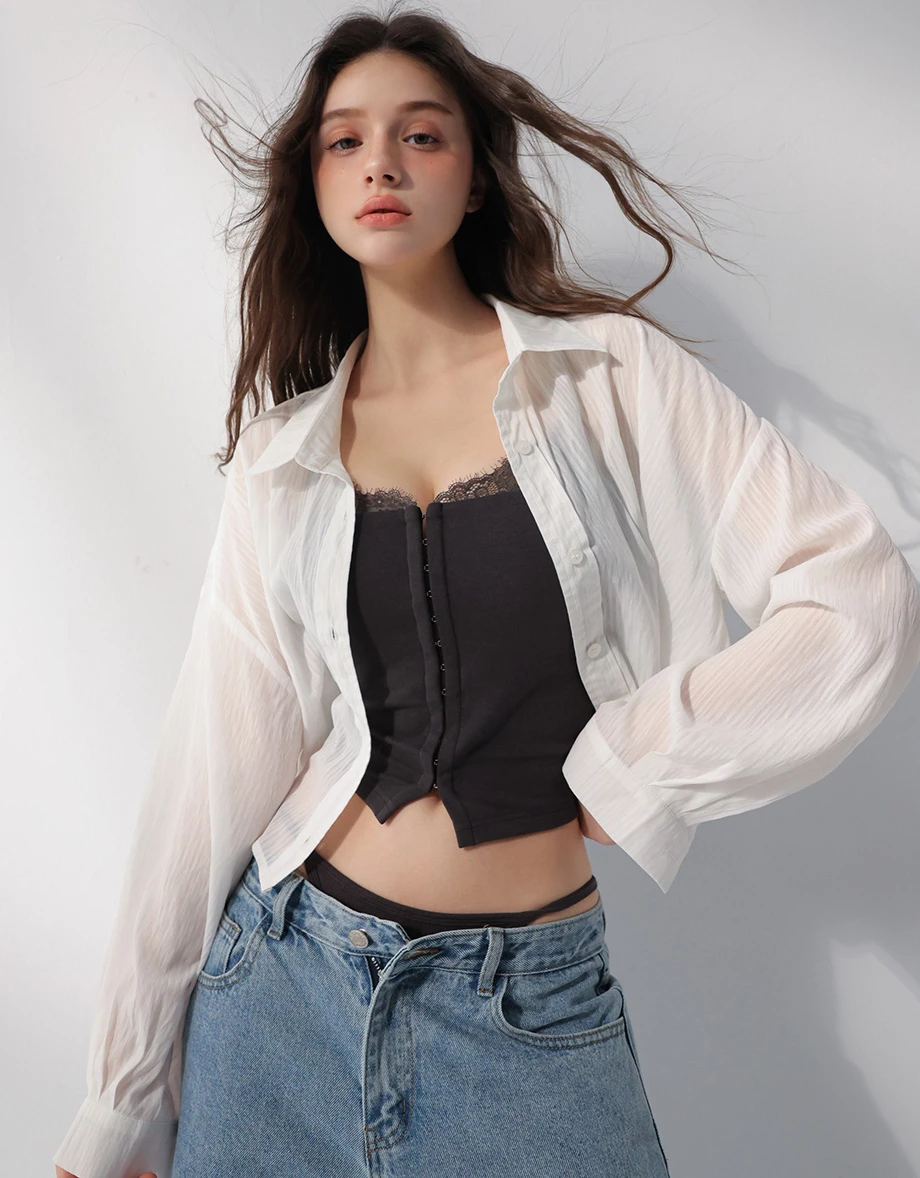 翻領長袖條紋紋理短版襯衫