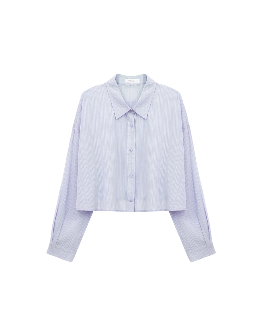 翻領長袖條紋紋理短版襯衫