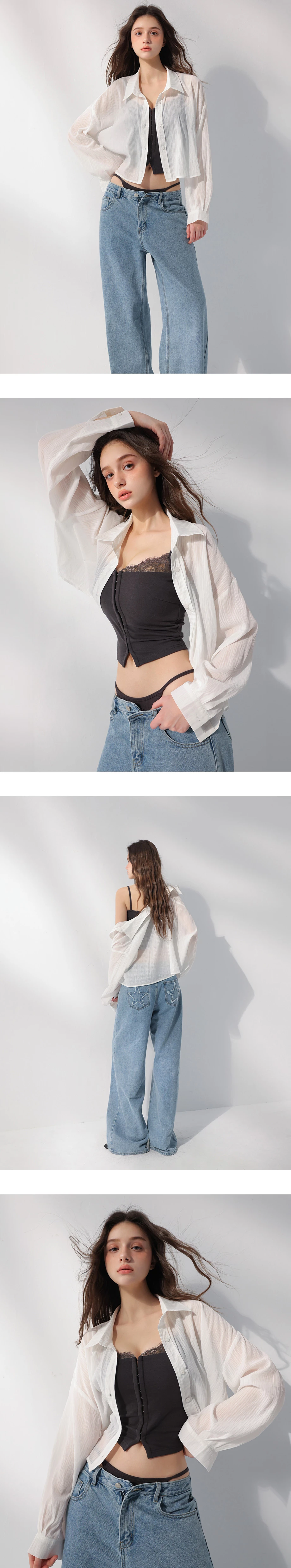 翻領長袖條紋紋理短版襯衫