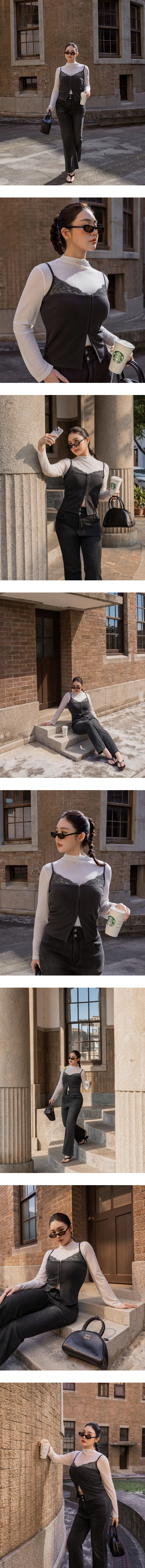 蕾絲拼接平口勾扣短版細肩帶背心(附胸墊)