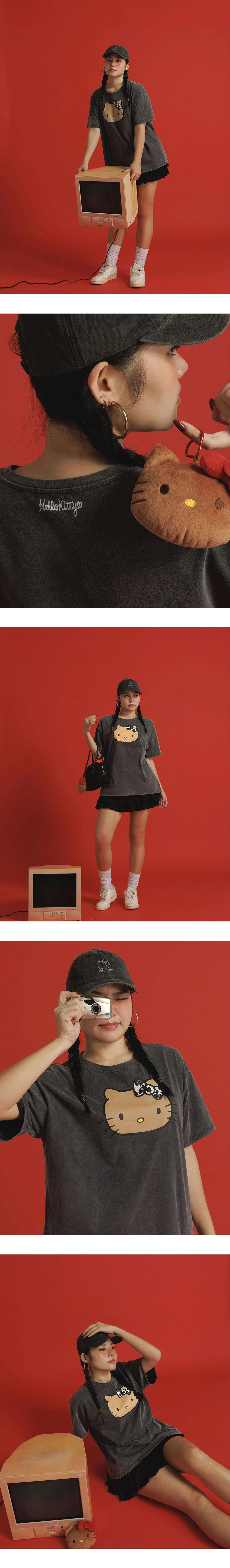 【Hello Kitty Collaboration】Vintage Wash Front Print Classic Graphic Oversized Tee