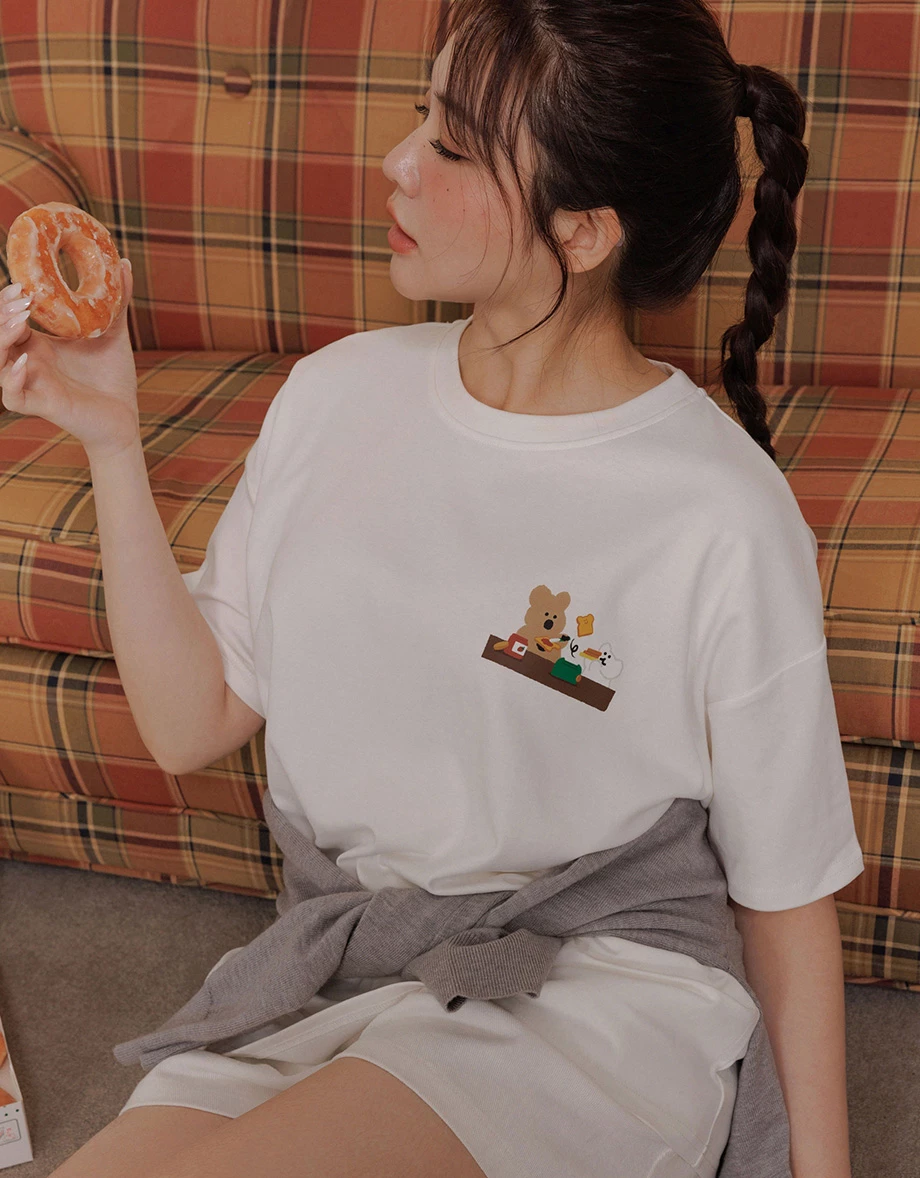 【DINOTAENG】印花小圖圓領短袖寬版TEE