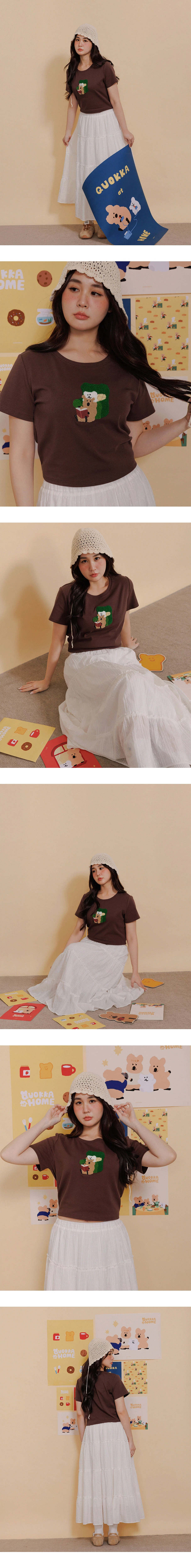 【DINOTAENG】毛巾繡圖案圓領短袖短版TEE