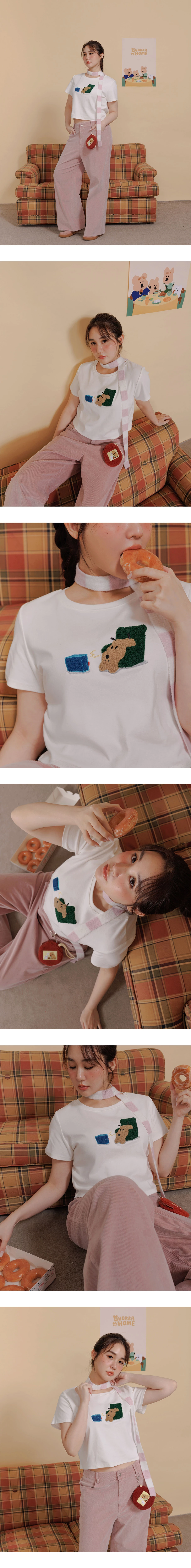 【DINOTAENG】毛巾繡圖案圓領短袖短版TEE