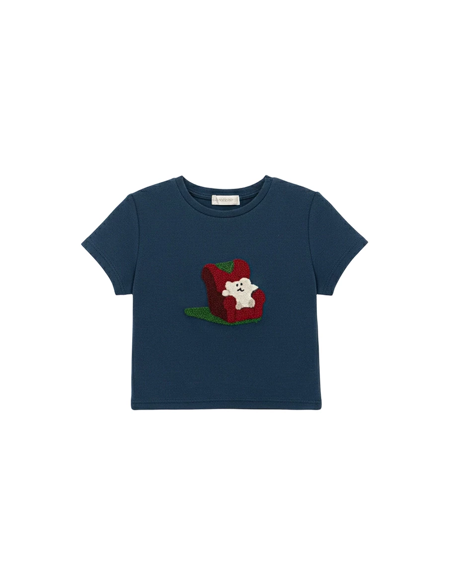 【DINOTAENG】毛巾繡圖案圓領短袖短版TEE