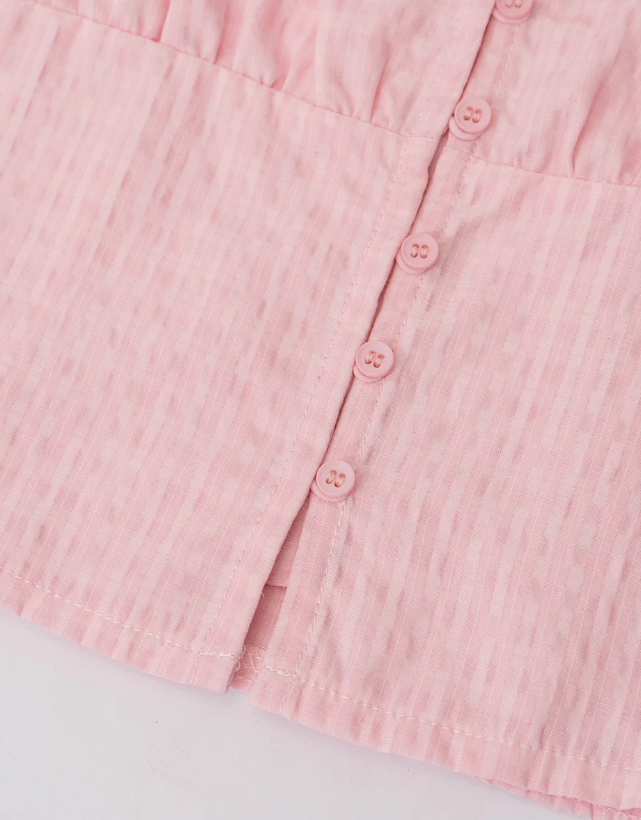 方領抓皺綁帶澎袖直條紋短版上衣