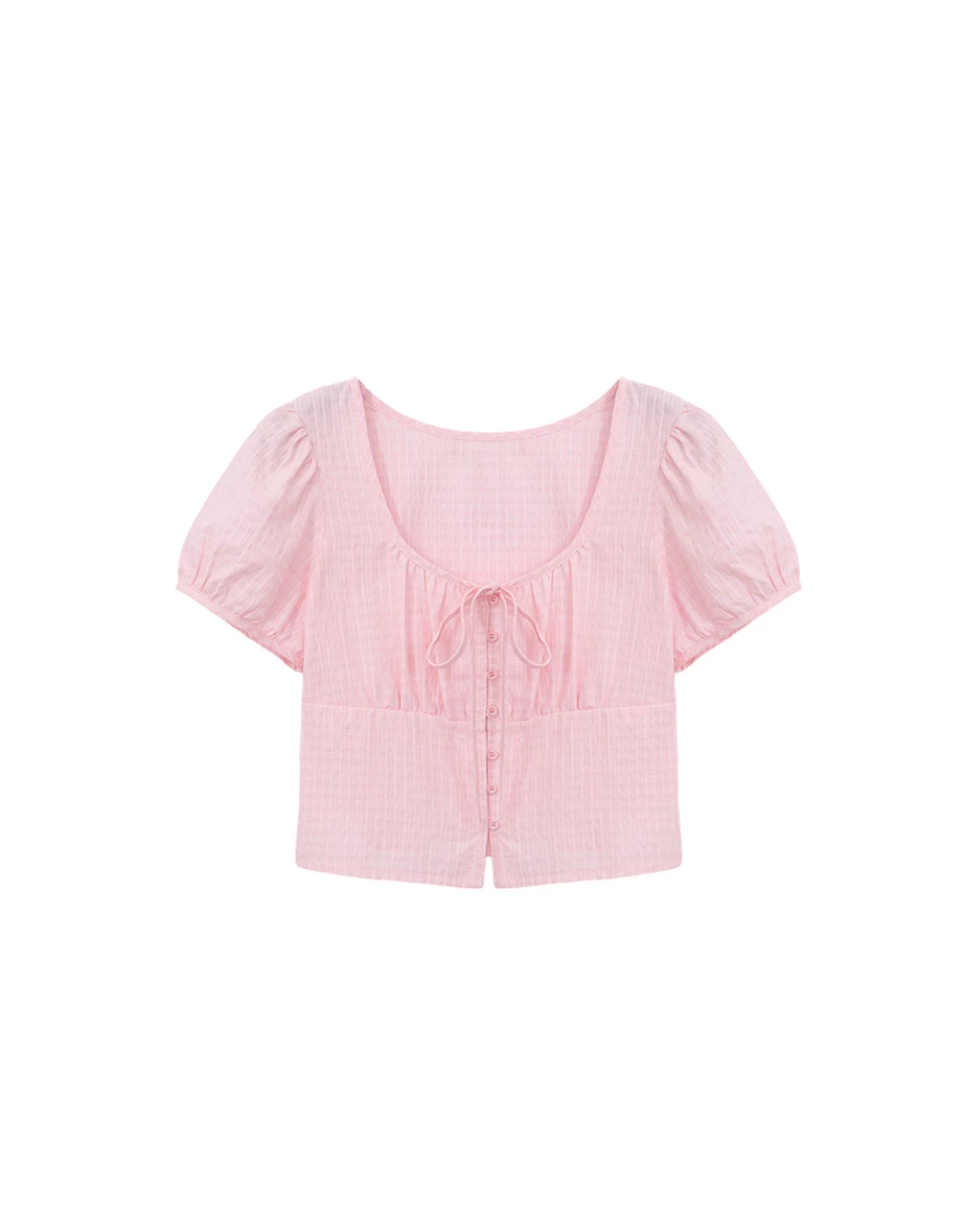 方領抓皺綁帶澎袖直條紋短版上衣