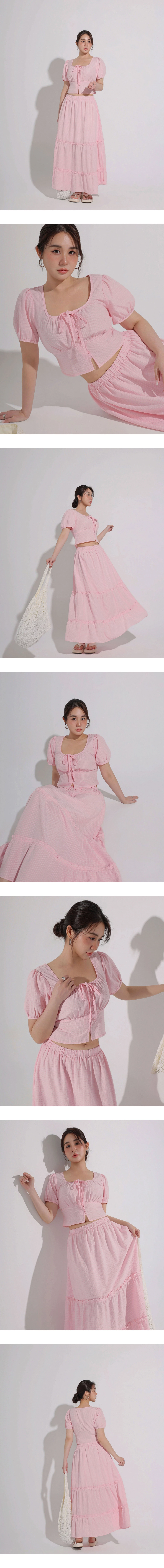 方領抓皺綁帶澎袖直條紋短版上衣