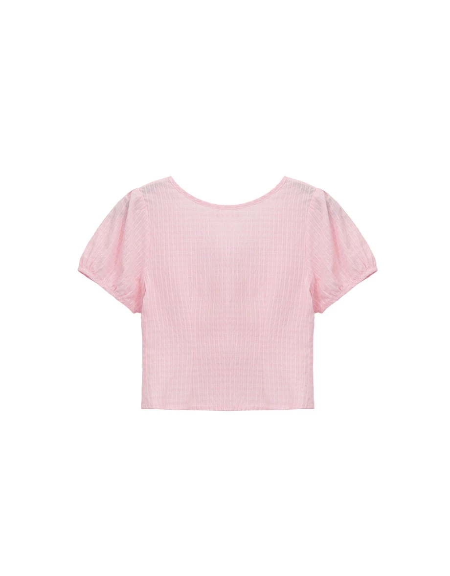 方領抓皺綁帶澎袖直條紋短版上衣