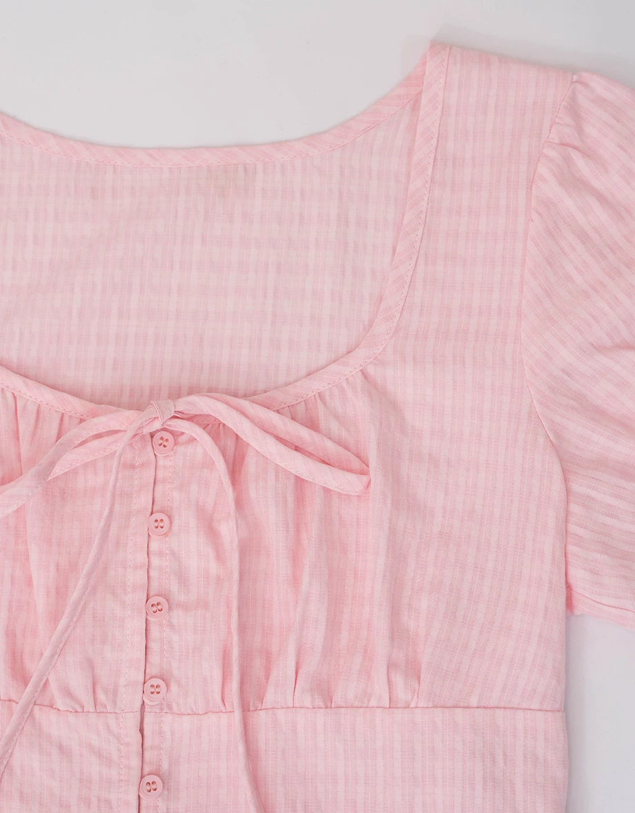 方領抓皺綁帶澎袖直條紋短版上衣