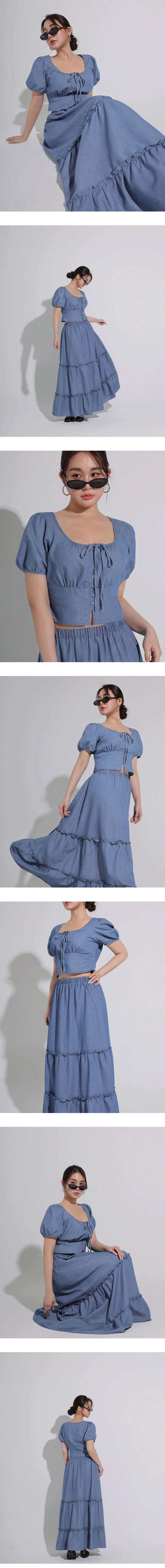 方領抓皺綁帶澎袖短版水洗牛仔上衣