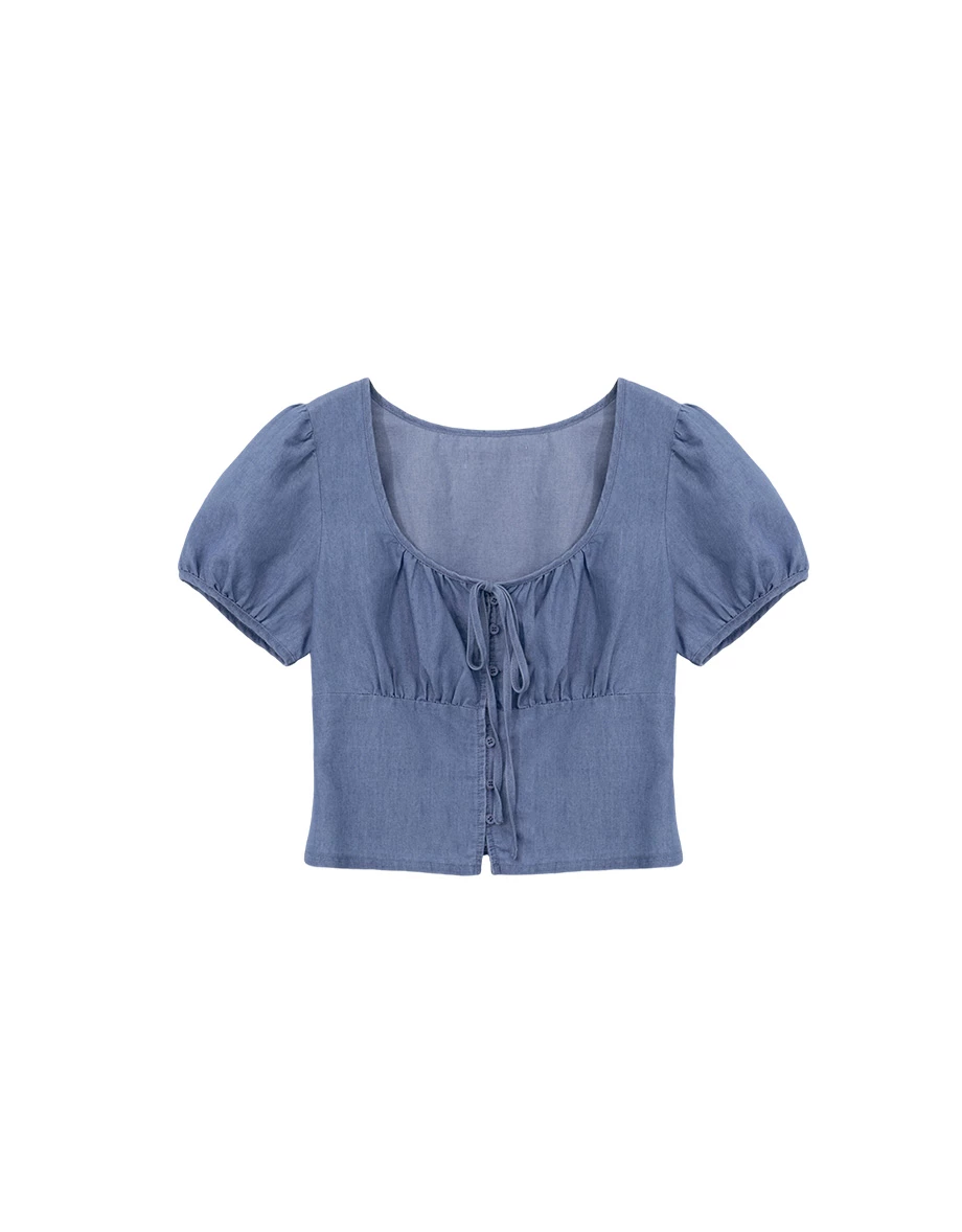 方領抓皺綁帶澎袖短版水洗牛仔上衣