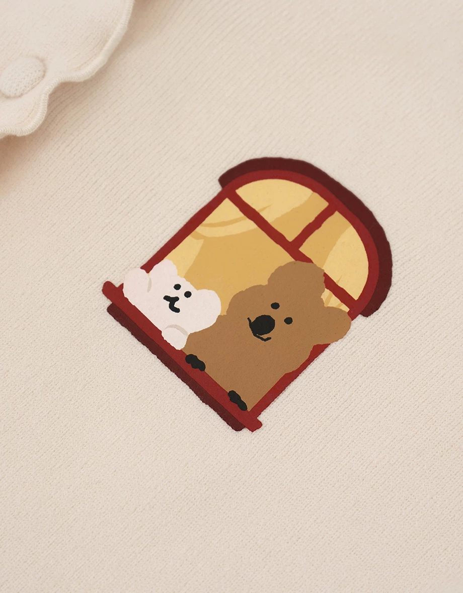 【DINOTAENG】印花小圖V領包扣木耳邊羅紋開襟針織衫