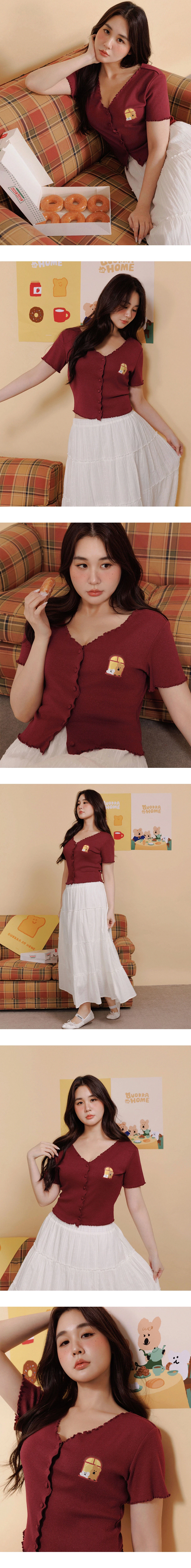 【DINOTAENG】印花小圖V領包扣木耳邊羅紋開襟針織衫