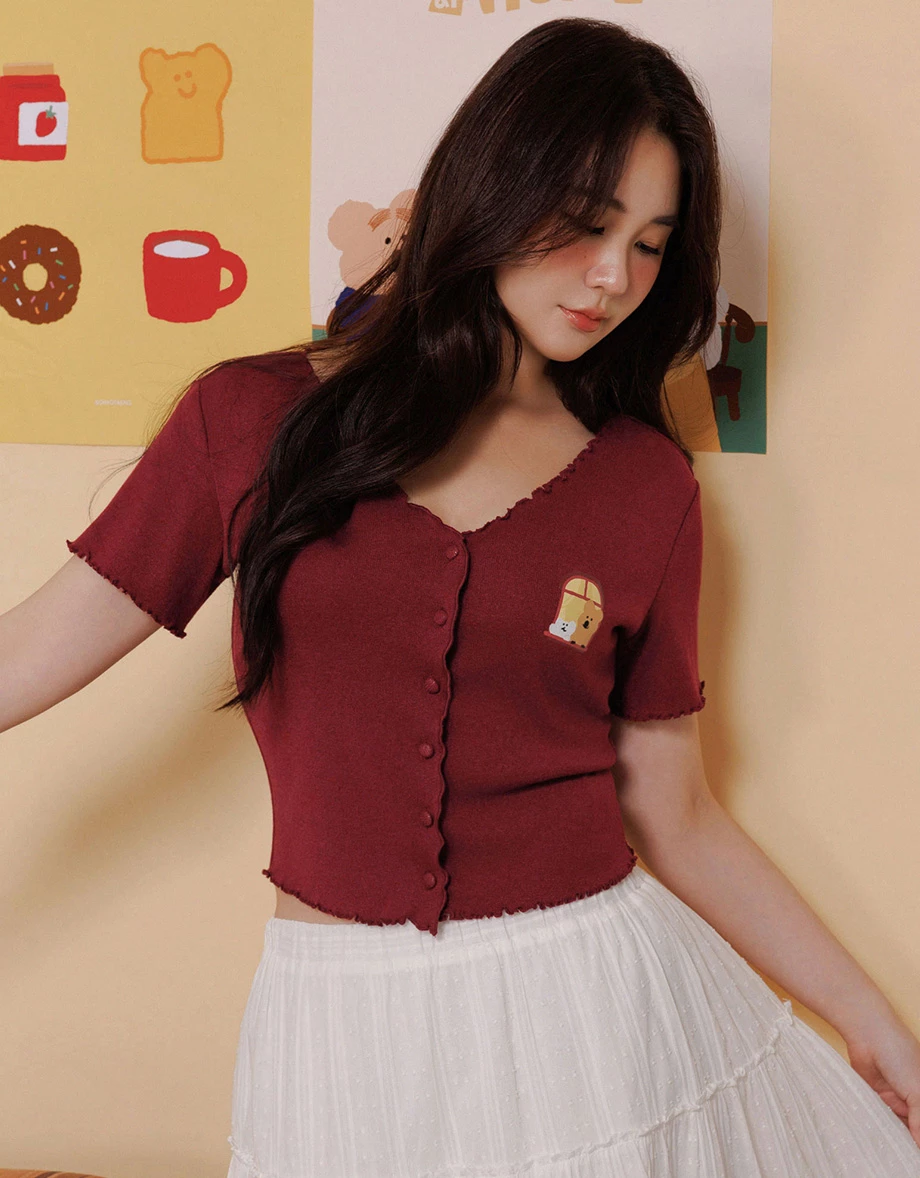 【DINOTAENG】印花小圖V領包扣木耳邊羅紋開襟針織衫