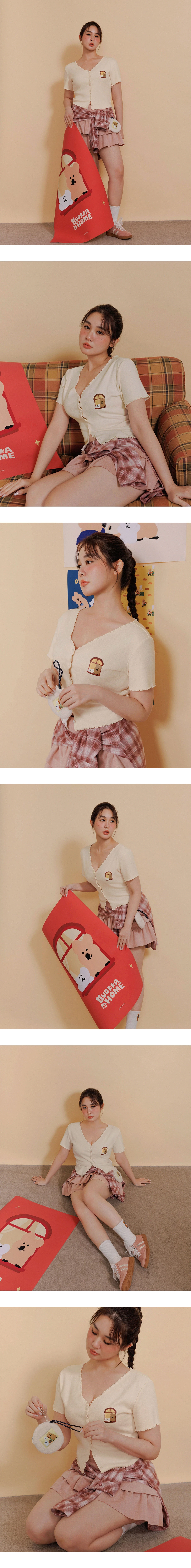 【DINOTAENG】印花小圖V領包扣木耳邊羅紋開襟針織衫