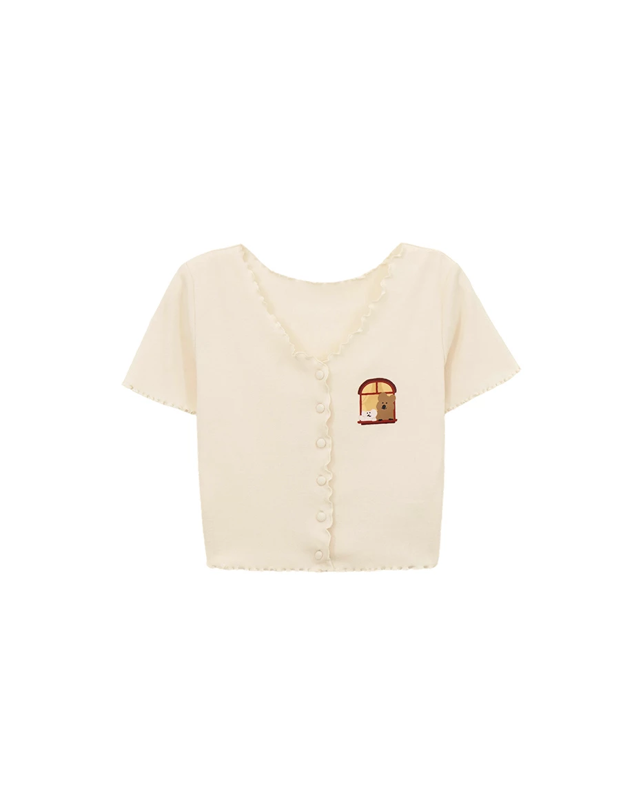 【DINOTAENG】印花小圖V領包扣木耳邊羅紋開襟針織衫