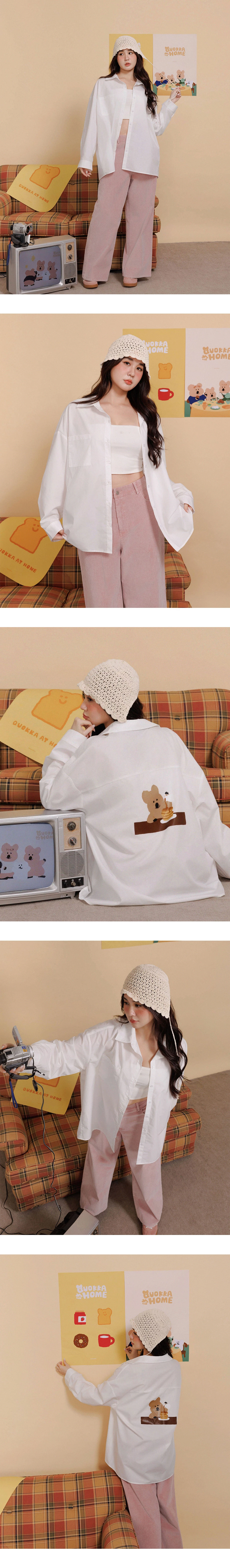 【DINOTAENG】美背印花單口袋長袖寬版襯衫 【DINOTAENG】美背印花單口袋長袖寬版襯衫