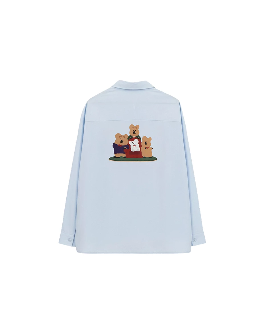 【DINOTAENG】美背印花單口袋長袖寬版襯衫